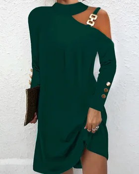 Женское модное платье 2023 Осень с длинным рукавом Диагональная цепочка на плечо Декоративный топ с открытыми плечами Макси Длинное платье Женская мода