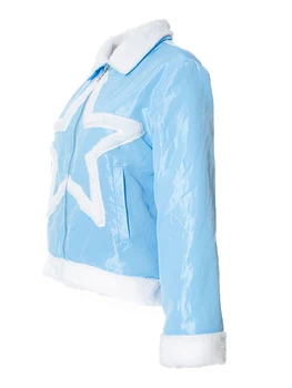 Женское осенне-зимнее пальто 2023 года, повседневная куртка-пуховик с принтом звезды, длинный рукав, куртка на молнии с лацканами и карманами