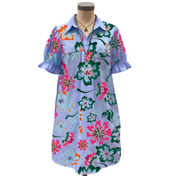 Женское платье с цветочным принтом, повседневная блузка с оборками на рукавах, Корейское модное Винтажное платье миди на весну и лето