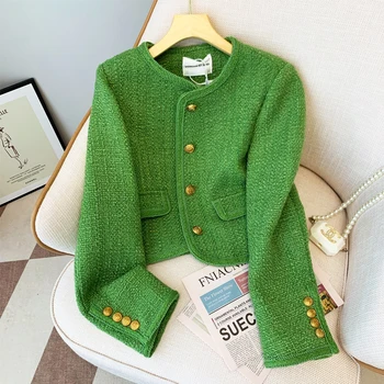 Зеленая укороченная твидовая куртка, женская винтажная эстетичная Корейская мода, шикарные элегантные куртки в стиле Харадзюку, осенне-зимнее пальто-кардиган