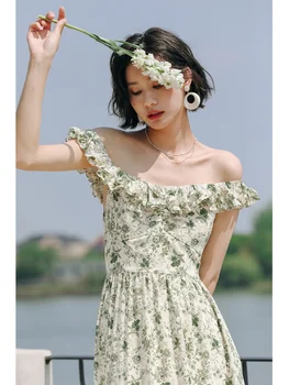 Зеленое шифоновое платье с цветочным рисунком, женское платье-комбинация с французскими оборками, женское пляжное платье для летних каникул