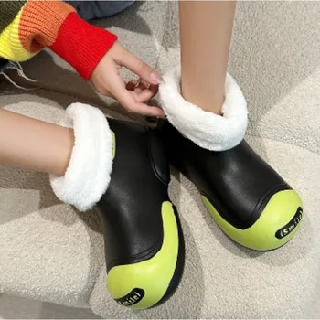 Зима 2023, модные новые непромокаемые сапоги Kawaii, женские водонепроницаемые милые Теплые плюшевые непромокаемые сапоги, Удобная садовая женская обувь