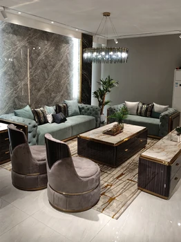 Итальянский кожаный диван с кнопками, современная роскошная вилла класса люкс, большая гостиная, дизайнерская светлая роскошная комбинация мебели