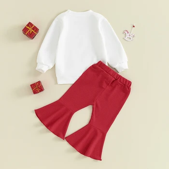 Комплект брюк для девочек, толстовка с буквенным принтом с длинными рукавами и расклешенными штанами, Рождественский наряд