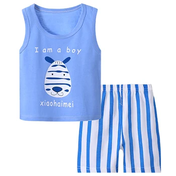 Комплект летней одежды для маленьких мальчиков из 2 предметов, Корейский комплект одежды, хлопковые топы без рукавов с милым мультяшным принтом + шорты, Детская одежда BC2468-1