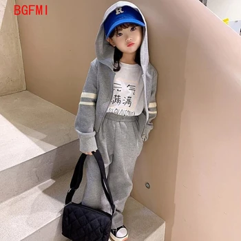 Корейская весенне-осенняя одежда для девочек, Детская верхняя одежда, брюки, спортивная одежда, комплект из двух предметов, пальто с капюшоном, детская одежда для девочек от 2 до 9 лет
