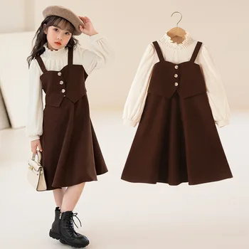 Корейская детская одежда 2023, летнее платье для девочек-подростков, цельнокроеное платье, платья для девочек-малышей, платья с длинными рукавами для девочек-юниорок