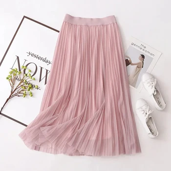корейская длинная юбка миди с высокой талией, тюлевые юбки, Женские весенне-летние Женские плиссированные Нежно-Розовые юбки-туле Faldas Jupe