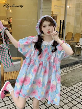 Корейское летнее женское мини-платье с цветочным рисунком Ulzzang оверсайз, кружевные оборки, мешковатое короткое милое платье Kawaii в японском стиле