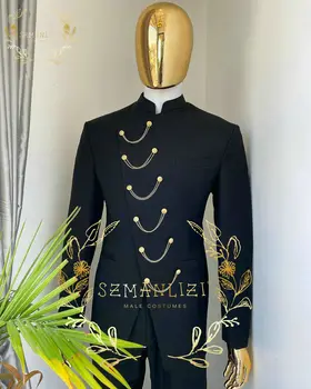 Костюмы Homme Mariage Для мужчин, модный формальный мужской костюм с черным воротником-стойкой, свадебный смокинг для жениха, пальто и брюки, новейший дизайн