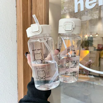 Креативная мультяшная бутылка для воды с соломинкой, милая пластиковая бутылка для питья, портативная герметичная посуда для питья молока, кофе, чая