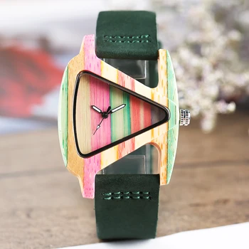 Креативные женские деревянные часы, уникальные красочные деревянные треугольные полые кварцевые наручные часы, женские элегантные Модные Кожаные Часовые кольца