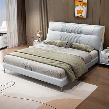 Легкая кожаная кровать в роскошном стиле, двуспальная кровать king-size в главной спальне, двуспальная кровать 1,8 м, высококачественная кожаная кровать для хранения вещей