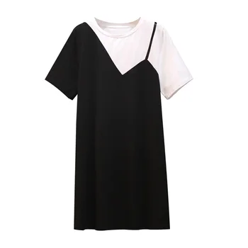 Летнее женское хлопковое мини-платье-футболка с круглым вырезом и коротким рукавом, Повседневное Женское Элегантное платье Большого размера, Черно-белое платье в стиле пэчворк для вечеринок