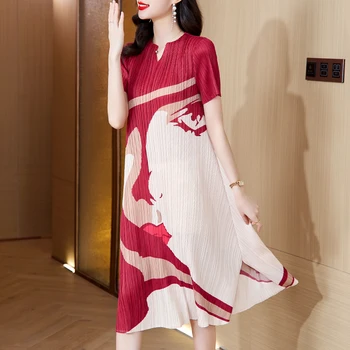 Летнее красное платье SuperAen, Новое женское плиссированное платье, модное красное платье с V-образным вырезом и принтом в складки