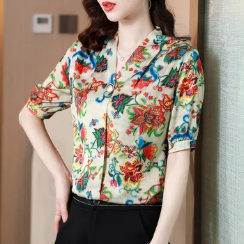 Летний женский шелковый Атласный топ, Модная блузка с V-образным вырезом и цветочным принтом, Пуловер с коротким рукавом, рубашка
