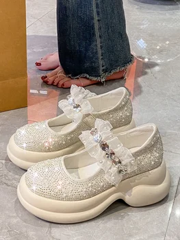Летняя обувь, женские хрустальные сабо, женская обувь на платформе, Новинка 2023 года, платье в полоску со стразами, базовые туфли на каблуках-копытцах Мэри Джейнс из искусственной кожи