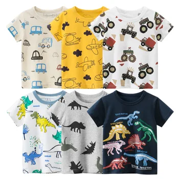 Летняя футболка 2023 года для мальчиков и девочек, детские футболки с короткими рукавами и полным принтом динозавра, хлопковые футболки с мультяшным автомобилем для малышей, топы из дропшиппинга
