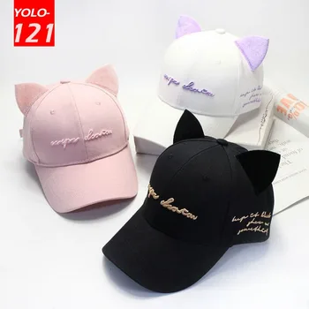 Милая бейсболка с кошачьими ушками, женские бейсболки с мультяшными буквами, Вышитая шляпа от солнца, Дизайнерская кепка для дам, повседневная модная кепка Snapback