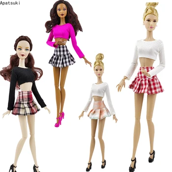 Многоцветный модный комплект одежды для куклы Барби, короткий укороченный топ, юбка в клетку для кукол Barbie, аксессуары для кукол 1/6, детские игрушки