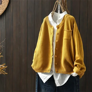 Модные женские винтажные однотонные кардиганы, свитера, Осенне-зимняя уличная одежда, карманы с длинными рукавами, универсальные свободные повседневные вязаные пальто