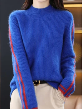 Модные женские свитера 2023, Новый Корейский Элегантный Синий вязаный пуловер, Зимний трикотаж, Джемпер с длинным рукавом, Сплайсированные детали