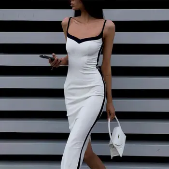Модные сексуальные платья Макси с V-образным вырезом и открытой спиной для женщин, летнее элегантное облегающее платье на бретельках черного цвета, праздничный белый халат
