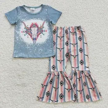 Модный бутик одежды для девочек 2023 года, новый дизайн с мультяшной головой Быка, синий топ в полоску, расклешенные брюки, костюм