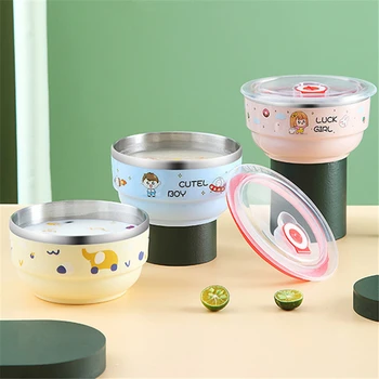 Мультяшная детская миска для риса с теплоизоляцией с крышкой Корейская посуда из нержавеющей стали Контейнер для еды Миски для супа и фруктов для кухни