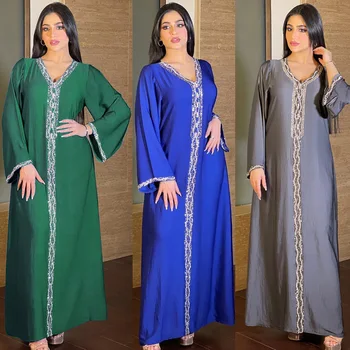 Мусульманские абайи для женщин, легкий роскошный халат из Саудовской Аравии, модный свободный пуловер с V-образным вырезом, женское платье с бриллиантами, Марокканское платье