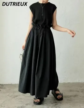 Нишевый дизайн в японском стиле, Длинное платье с завязками на талии, Пышное платье-футболка без рукавов с высокой талией и бутонами на широких плечах