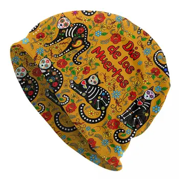 Новая вязаная шапка Женская мужская шапка Весенне-зимняя эластичная Мексиканский череп С черными кошками на желтых шапочках Оптом