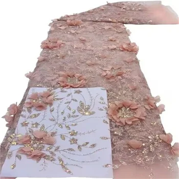 Новейшая Французская кружевная ткань с 3D цветочным тюлем, 5 ярдов, 2023, Розовая Высококачественная Нигерийская свадебная вышивка пайетками, Африканское кружево