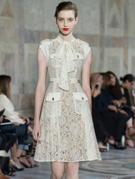 Новое модное дизайнерское летнее женское платье с воротником-бабочкой, без рукавов, с открытой кружевной уздечкой, Элегантное белое мини-платье