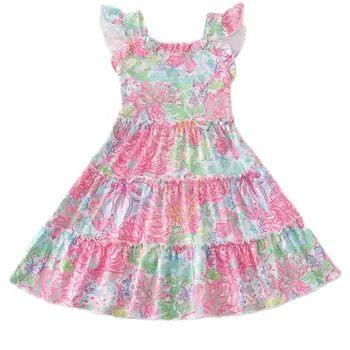 Новое платье средней длины с цветочным узором для девочек, расклешенное платье без рукавов длиной до колен, Bali Blue, Летний бутик одежды для девочек