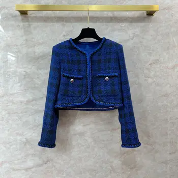Новый вязаный твидовый жакет в сине-черную полоску в клетку, куртка с поясом вручную