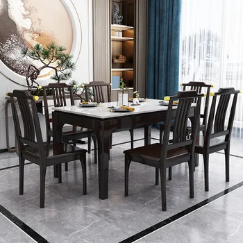 Новый китайский стиль полностью из массива дерева обеденный стол, прямоугольный обеденный стол из каменной плиты, гостиничный квадратный стол, бытовой прямоугольный та