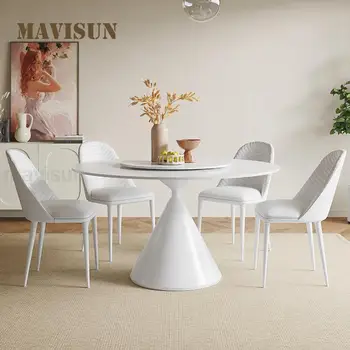 Обеденный стол в скандинавском минималистичном стиле с поворотным столом, столешница из белой каменной плиты, прочное дизайнерское основание, современный круглый стол для кухни