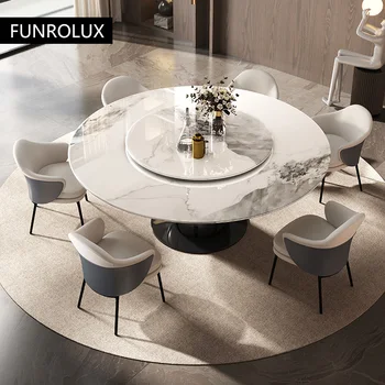 Обеденный стол из современной каменной плиты, светлый, роскошный Круглый с поворотным столом Обеденный стол из микрокристаллического ясеня