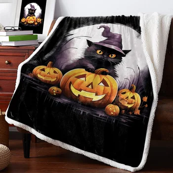 Одеяла для кошек с тыквой на Хэллоуин, зимнее теплое кашемировое одеяло, Офисный диван, Мягкое покрывало, детская кровать, покрывало