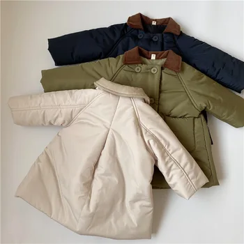Однотонная длинная куртка с хлопковой подкладкой для мальчиков, Вельветовый толстый кардиган с отложным воротником, теплая удобная верхняя одежда для девочек, пальто