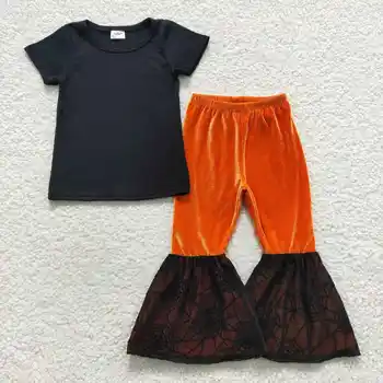 Оптовая горячая распродажа, Черный костюм с расклешенными брюками из оранжевого бархата с паутиной и короткими рукавами для маленьких девочек от 2 до 8 лет, бутик-комплект