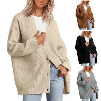 Осенне-зимняя верхняя одежда простой и универсальный вязаный кардиган однотонный свитер вязаный кардиган