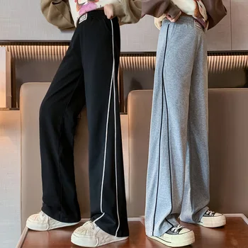 Осенние брюки для девочек-подростков, мода 2023 года, детские спортивные штаны с героями мультфильмов, широкие свободные брюки, Корейские черные / серые брюки