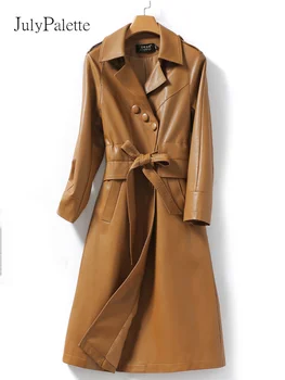 Осень 2023, Зимний тренч, женские пальто из натуральной кожи с длинными рукавами, женская верхняя одежда из овчины на шнуровке