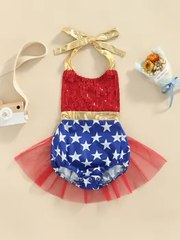 Платье-комбинезон без рукавов с принтом американского флага, пайетками и юбкой-пачкой из тюля для маленькой девочки, идеально подходящее для празднования 4 июля