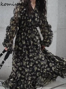 Платье с V-образным вырезом и длинными рукавами в Японском стиле с цветочным принтом, Осенние платья с оборками, Женские Элегантные Драпированные платья Ropa Mujer