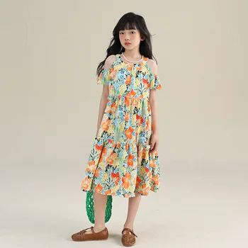 Платье с цветочным рисунком для девочек 2023 года, новое летнее детское пляжное платье, детская праздничная повседневная одежда, #7441