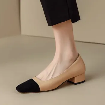 Плюс размер 41 Женские черные туфлилодочки с квадратным носком; туфли лодочки в стиле пэчворк на среднем каблуке; модельные туфли без застежки на квадратном каблуке; базовый насос 1534N