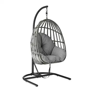 Подвесной стул для яиц во внутреннем дворике с олефиновой подушкой и металлической подставкой, серый